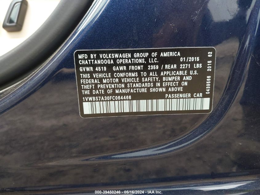 2015 Volkswagen Passat 1.8T Se VIN: 1VWBS7A30FC064466 Lot: 39450246