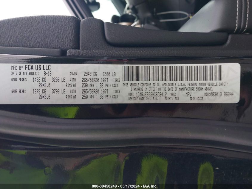 2017 Jeep Grand Cherokee Limited 4X2 VIN: 1C4RJEBG9HC659412 Lot: 39450249