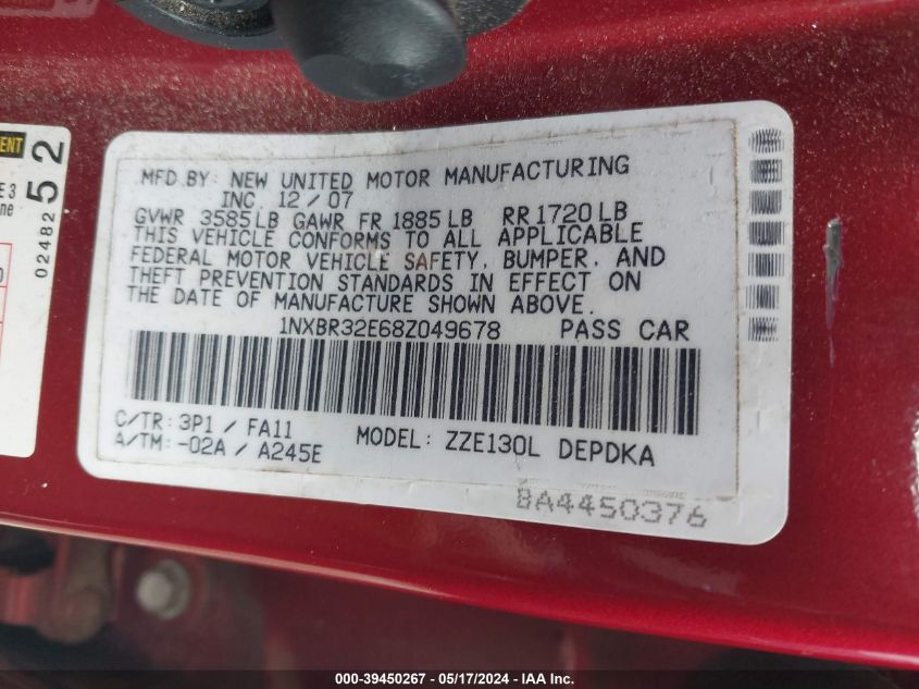 2008 Toyota Corolla Ce VIN: 1NXBR32E68Z049678 Lot: 39450267