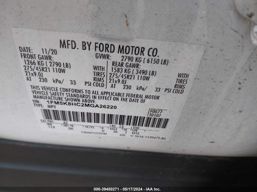 2021 Ford Explorer Platinum VIN: 1FM5K8HC2MGA26220 Lot: 39450271