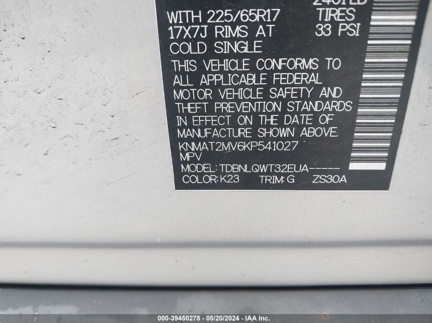 2019 Nissan Rogue Sv VIN: KNMAT2MV6KP541027 Lot: 39450278