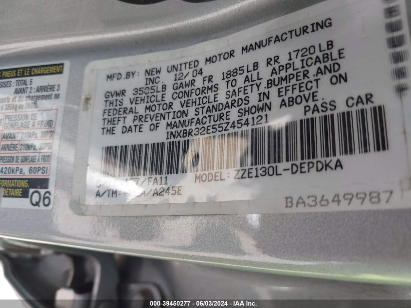 2005 Toyota Corolla Ce VIN: 1NXBR32E55Z454121 Lot: 39450277