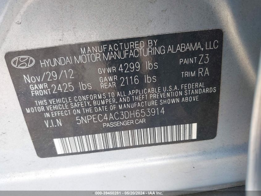 2013 Hyundai Sonata Limited VIN: 5NPEC4AC3DH653914 Lot: 39450281