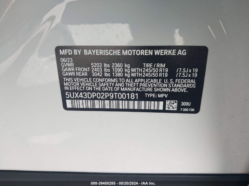 2023 BMW X3 Sdrive30I VIN: 5UX43DP02P9T00181 Lot: 39450285