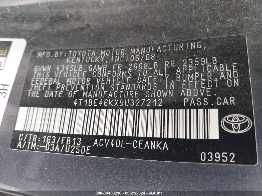 2009 Toyota Camry Le VIN: 4T1BE46KX9U327212 Lot: 39450290