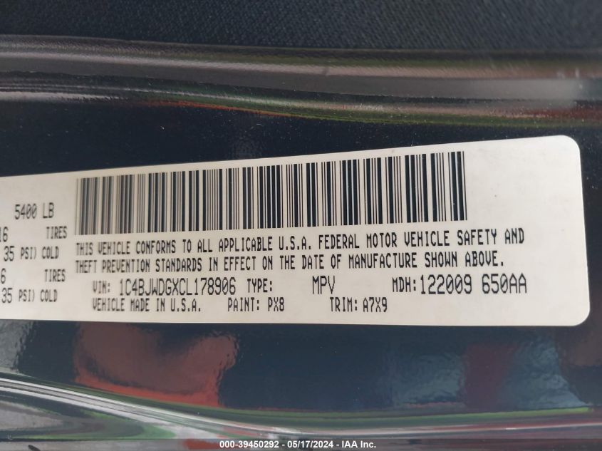 2012 Jeep Wrangler Unlimited Sport VIN: 1C4BJWDGXCL178906 Lot: 39450292