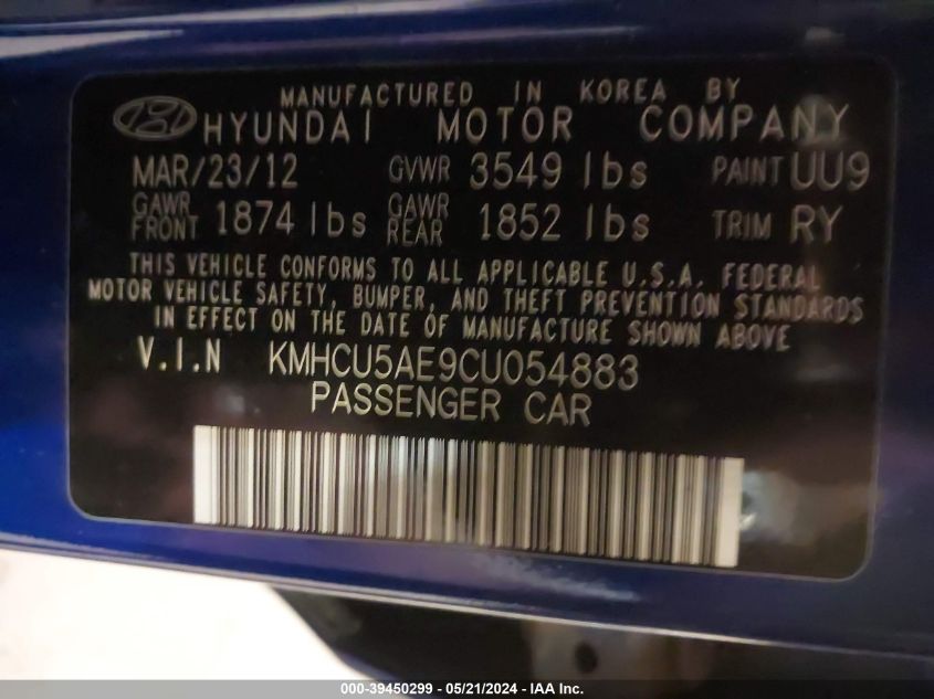 2012 Hyundai Accent Gls/Gs/Se VIN: KMHCU5AE9CU054883 Lot: 39450299