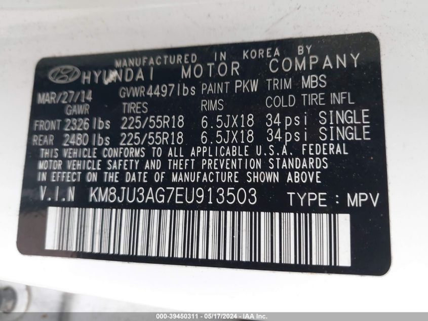 2014 Hyundai Tucson Limited VIN: KM8JU3AG7EU913503 Lot: 39450311