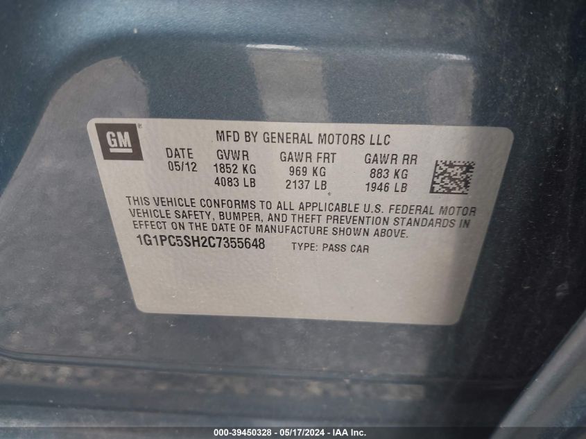 2012 Chevrolet Cruze Ls VIN: 1G1PC5SH2C7355648 Lot: 39450328