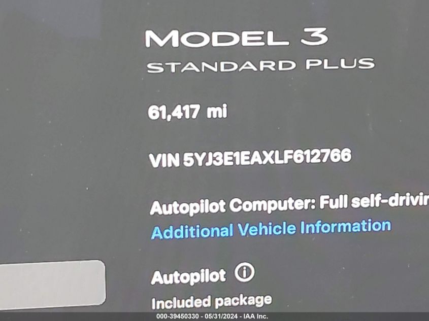 2020 Tesla Model 3 Standard Range Plus Rear-Wheel Drive/Standard Range Rear-Wheel Drive VIN: 5YJ3E1EAXLF612766 Lot: 39450330