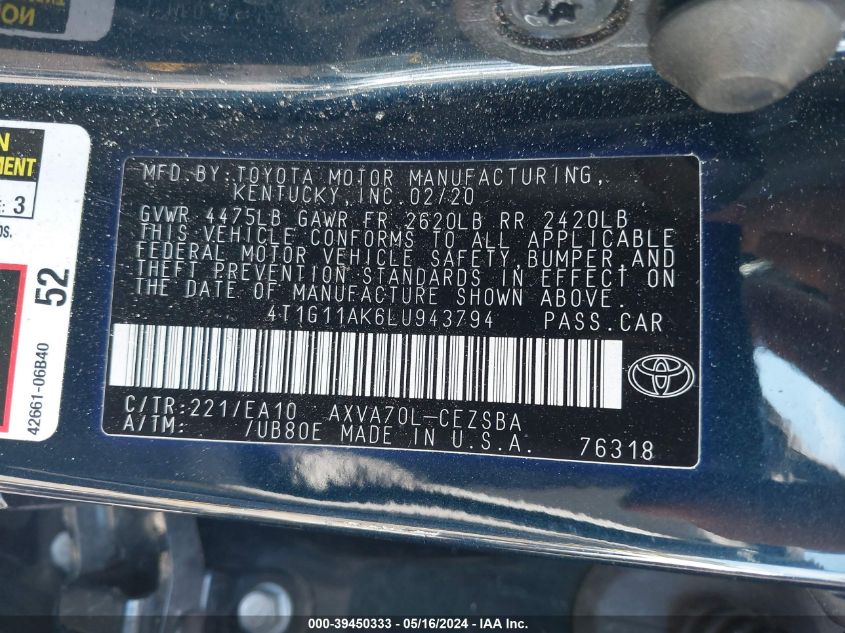 2020 Toyota Camry Se VIN: 4T1G11AK6LU943794 Lot: 39450333