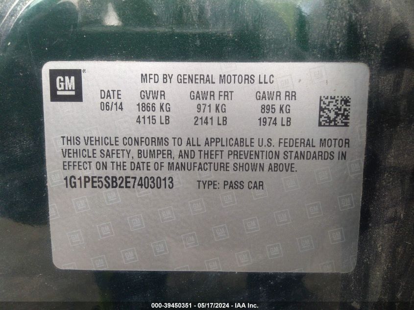2014 Chevrolet Cruze 2Lt Auto VIN: 1G1PE5SB2E7403013 Lot: 39450351
