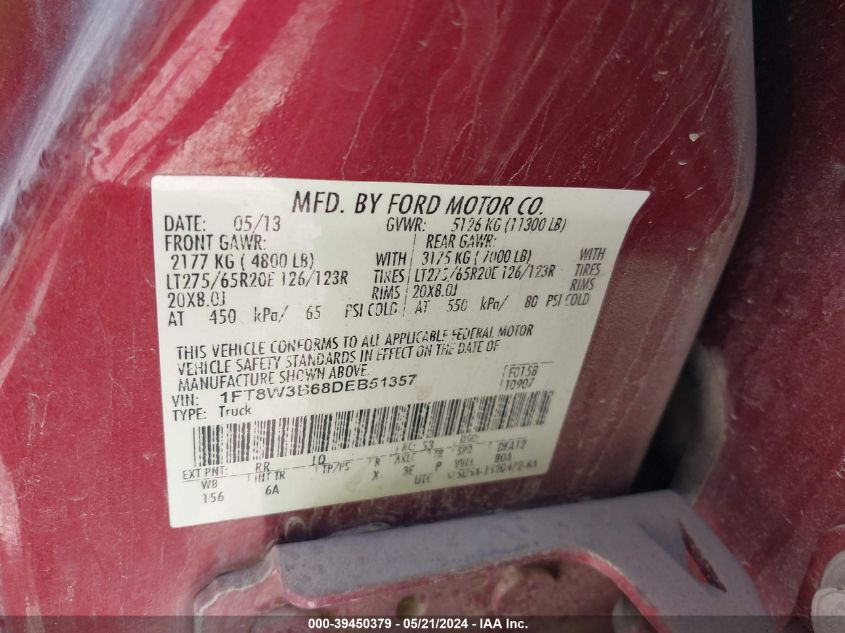 2013 Ford F-350 Lariat VIN: 1FT8W3B68DEB51357 Lot: 39450379