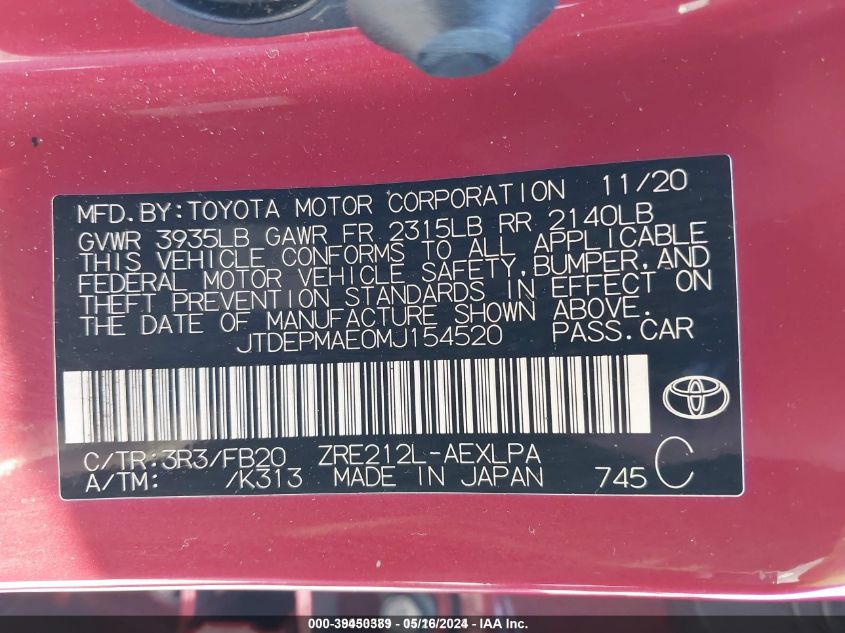 2021 Toyota Corolla Le VIN: JTDEPMAE0MJ154520 Lot: 39450389