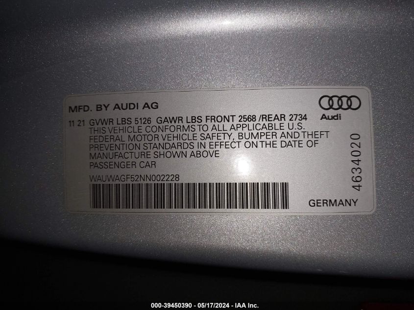 2022 Audi A5 Premium Plus 45 VIN: WAUWAGF52NN002228 Lot: 39450390