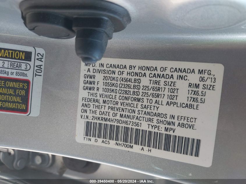 2013 Honda Cr-V Ex-L VIN: 2HKRM4H79DH673561 Lot: 39450400