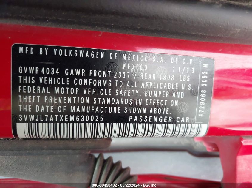 2014 Volkswagen Beetle 2.0L Tdi VIN: 3VWJL7ATXEM630025 Lot: 39450402