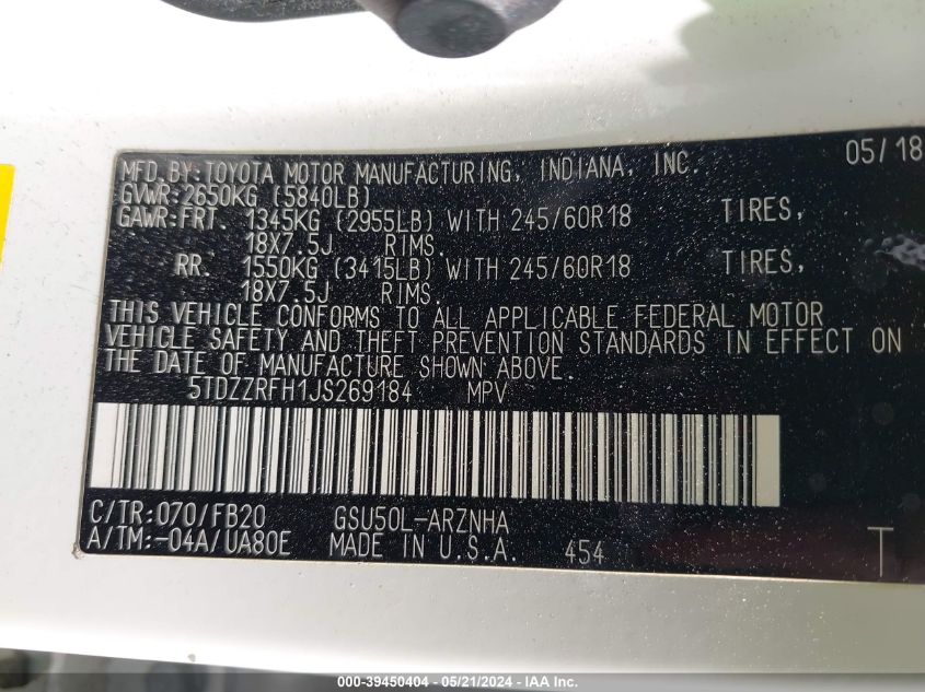2018 Toyota Highlander Le VIN: 5TDZZRFH1JS269184 Lot: 39450404