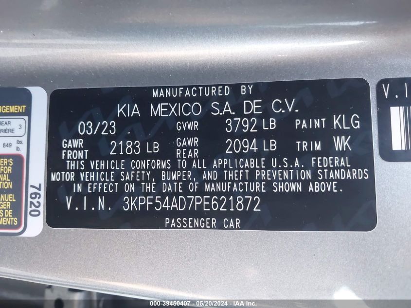 2023 Kia Forte Gt-Line VIN: 3KPF54AD7PE621872 Lot: 39450407