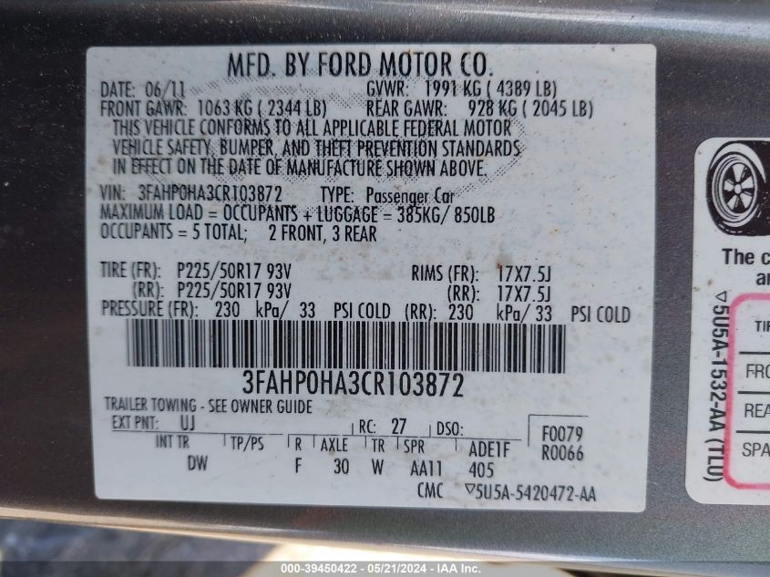 2012 Ford Fusion Se VIN: 3FAHP0HA3CR103872 Lot: 39450422