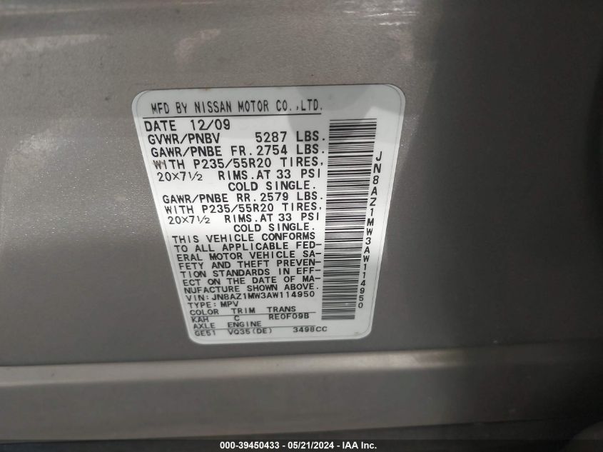 2010 Nissan Murano Le VIN: JN8AZ1MW3AW114950 Lot: 39450433