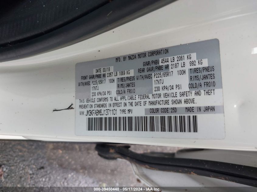 2018 Mazda Cx-5 Sport VIN: JM3KFABM6J1371101 Lot: 39450440