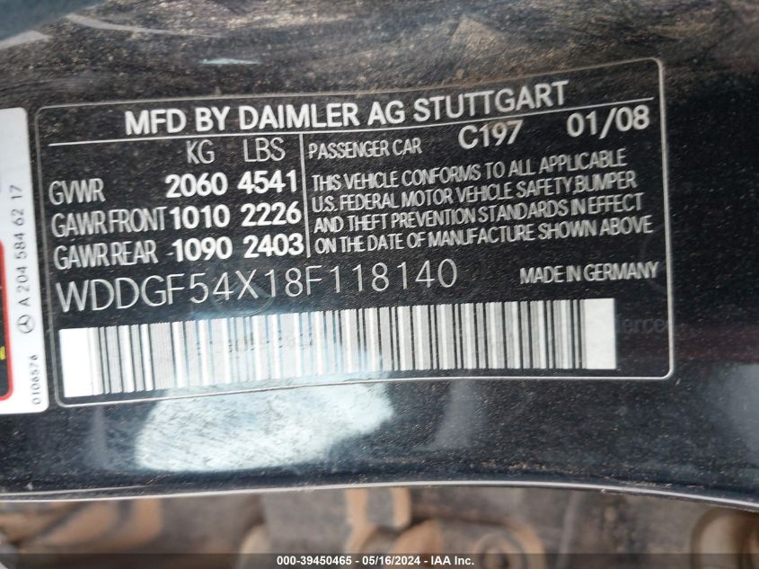 2008 Mercedes-Benz C 300 Luxury/Sport VIN: WDDGF54X18F118140 Lot: 39450465