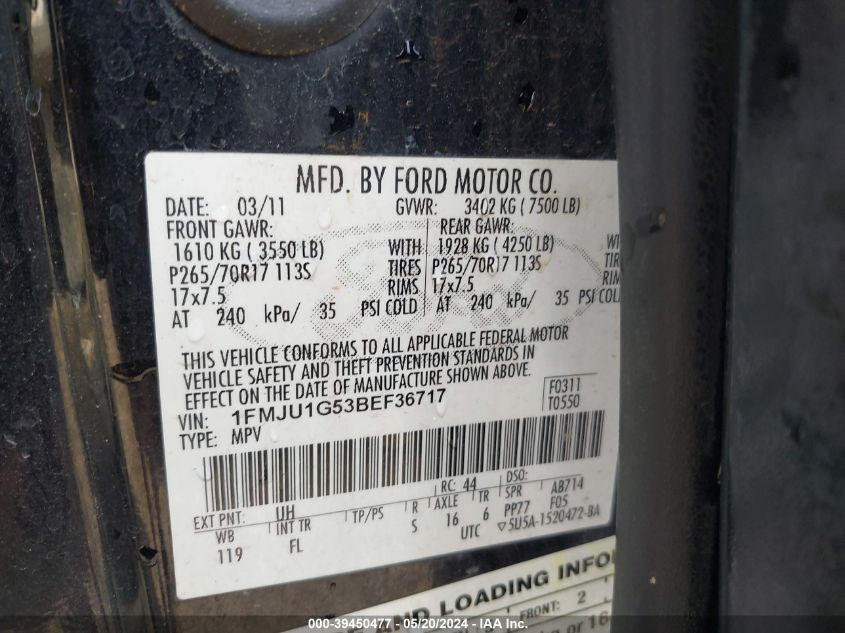 2011 Ford Expedition Xl VIN: 1FMJU1G53BEF36717 Lot: 39450477