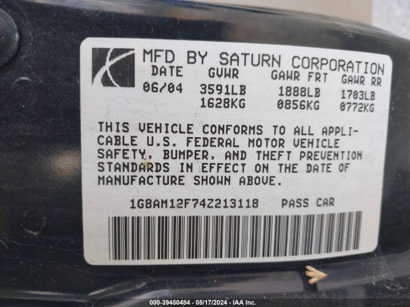 2004 Saturn Ion 2 VIN: 1G8AM12F74Z213118 Lot: 39450484