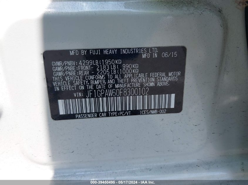 2015 Subaru Impreza 2.0I Sport Limited VIN: JF1GPAW60F8300102 Lot: 39450495
