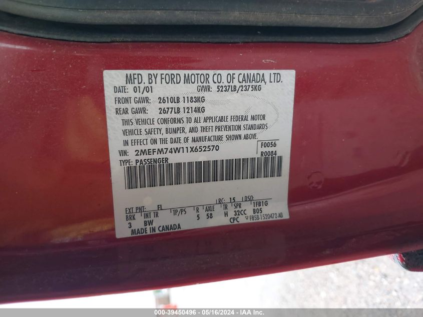 2001 Mercury Grand Marquis Gs VIN: 2MEFM74W11X652570 Lot: 39450496