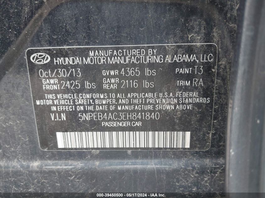 2014 Hyundai Sonata Gls VIN: 5NPEB4AC3EH841840 Lot: 39450500