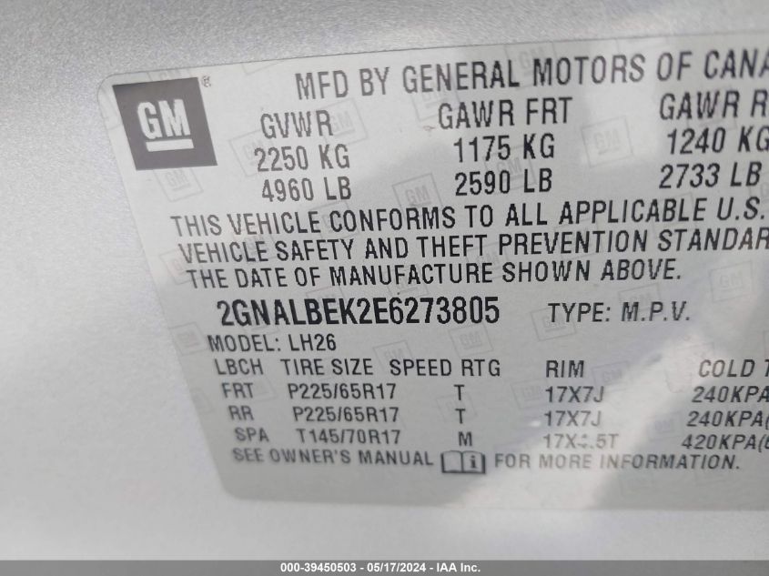 2014 Chevrolet Equinox 1Lt VIN: 2GNALBEK2E6273805 Lot: 39450503