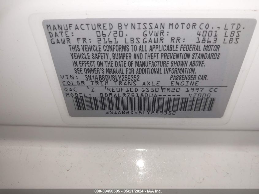 2020 Nissan Sentra Sr Xtronic Cvt VIN: 3N1AB8DV8LY259352 Lot: 39450505