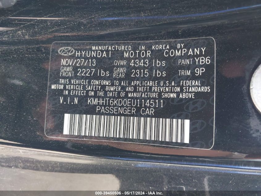 2014 Hyundai Genesis 2.0T VIN: KMHHT6KD0EU114511 Lot: 39450506