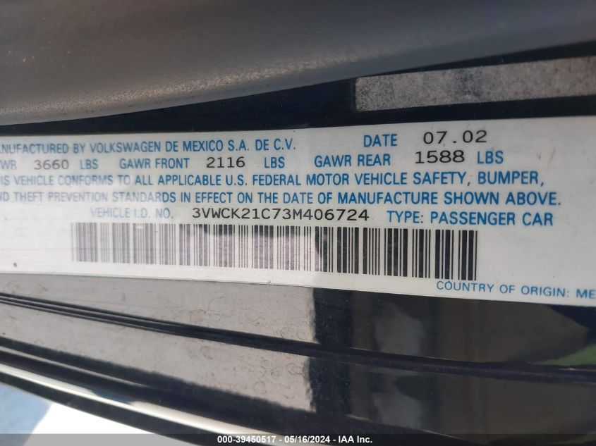 2003 Volkswagen New Beetle Gls 2.0L VIN: 3VWCK21C73M406724 Lot: 39450517