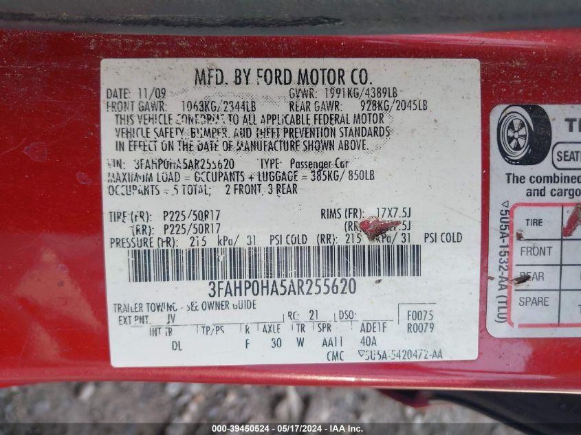 2010 Ford Fusion Se VIN: 3FAHP0HA5AR255620 Lot: 39450524