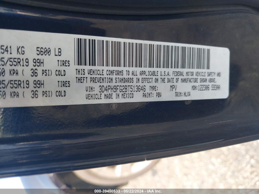 2011 Dodge Journey Lux VIN: 3D4PH9FG2BT513646 Lot: 39450533