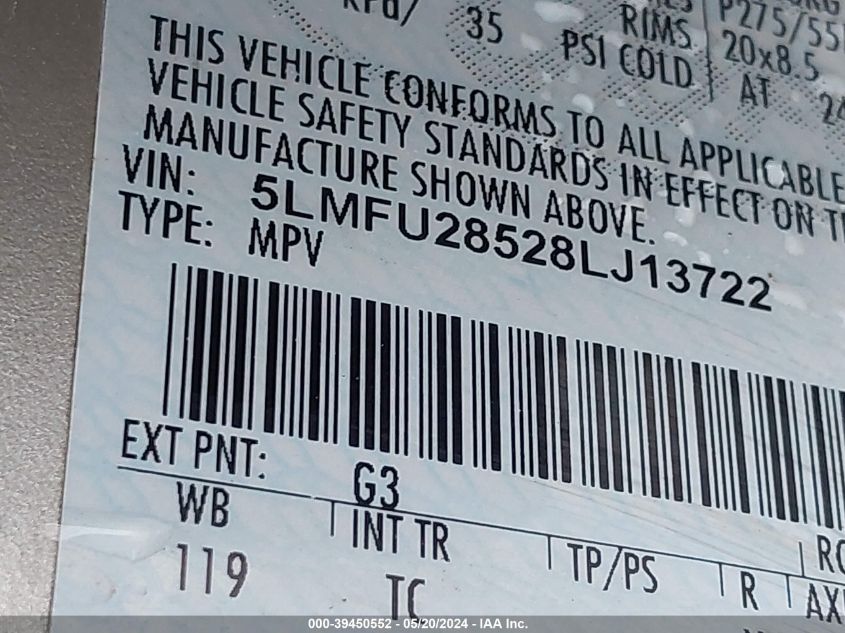 2008 Lincoln Navigator VIN: 5LMFU28528LJ13722 Lot: 39450552