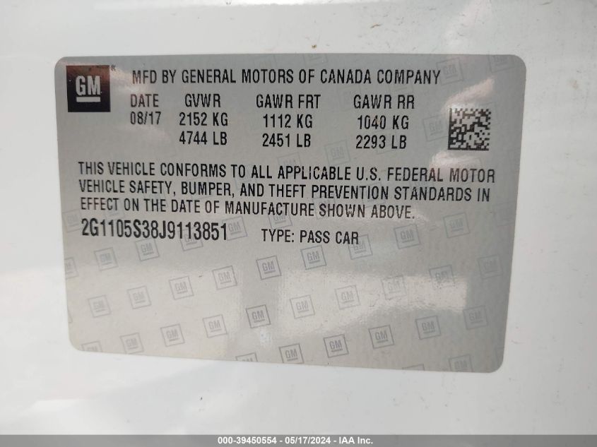 2018 Chevrolet Impala 1Lt VIN: 2G1105S38J9113851 Lot: 39450554