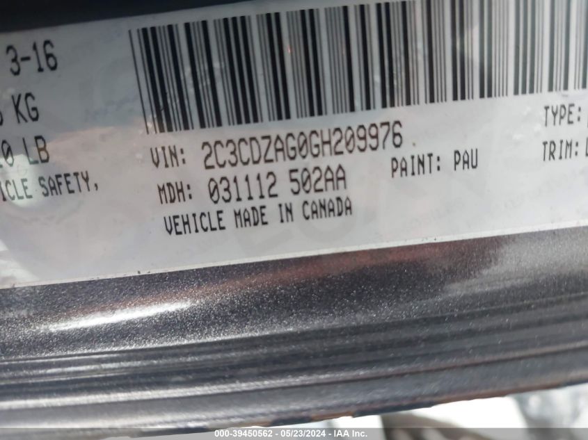 2016 Dodge Challenger Sxt VIN: 2C3CDZAG0GH209976 Lot: 39450562