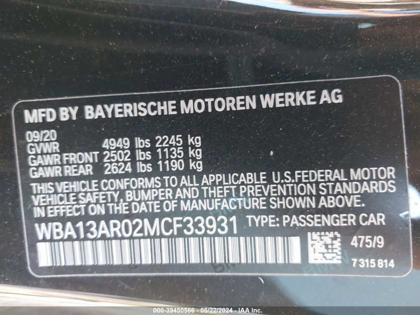 2021 BMW M440I xDrive VIN: WBA13AR02MCF33931 Lot: 39450566