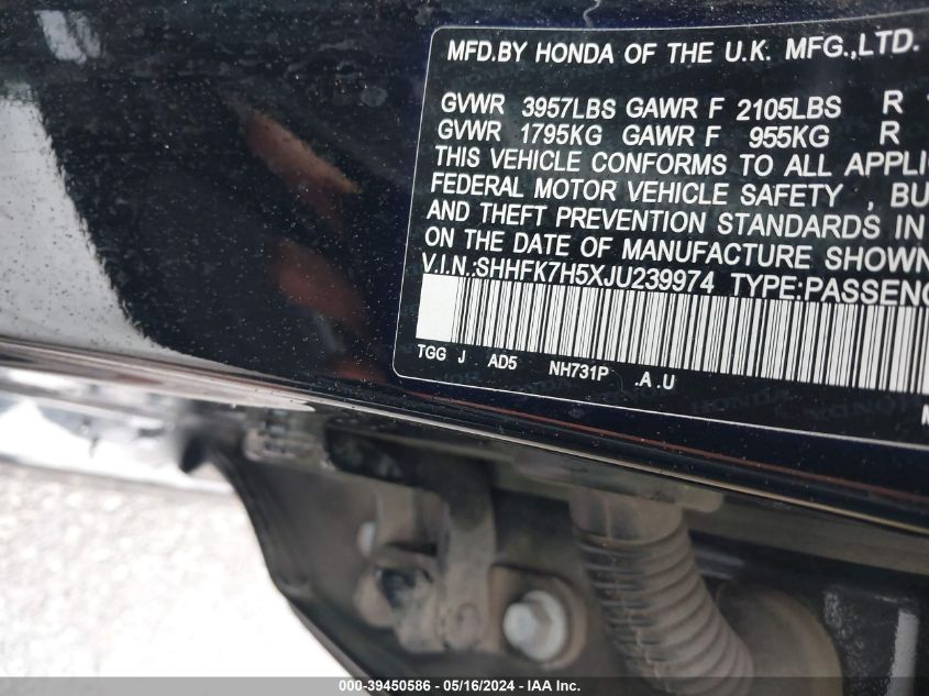 2018 Honda Civic Ex VIN: SHHFK7H5XJU239974 Lot: 39450586