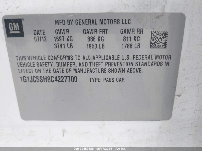 2012 Chevrolet Sonic 2Lt VIN: 1G1JC5SH8C4227700 Lot: 39450589