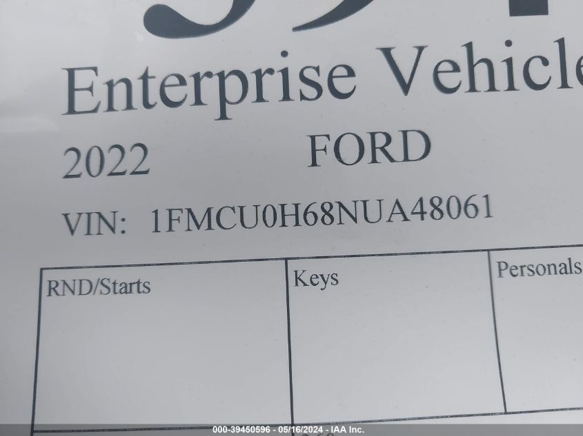 2022 Ford Escape Sel VIN: 1FMCU0H68NUA48061 Lot: 39450596