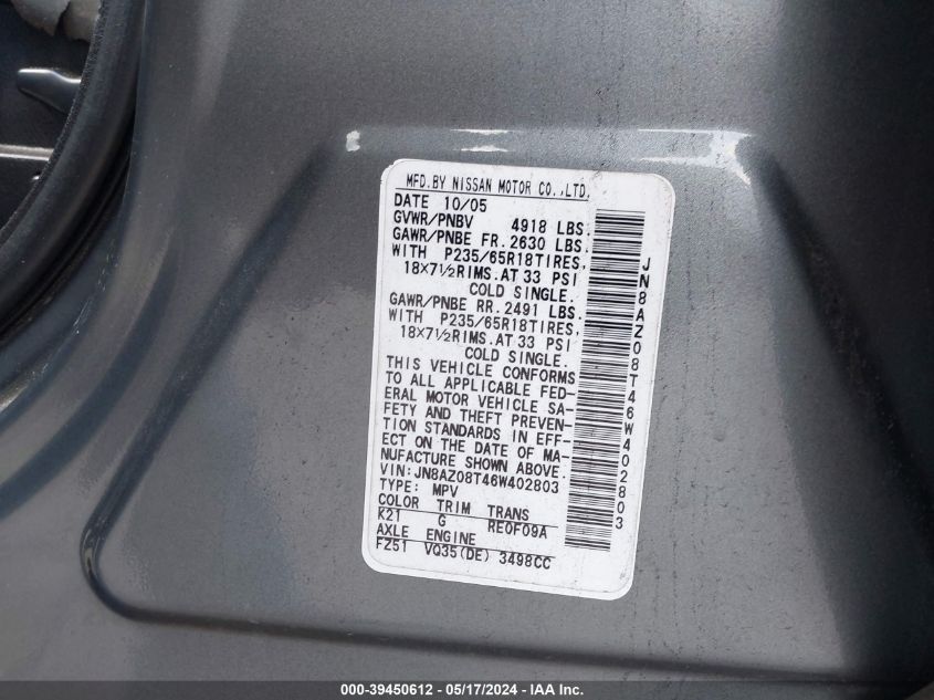 2006 Nissan Murano Sl VIN: JN8AZ08T46W402803 Lot: 39450612