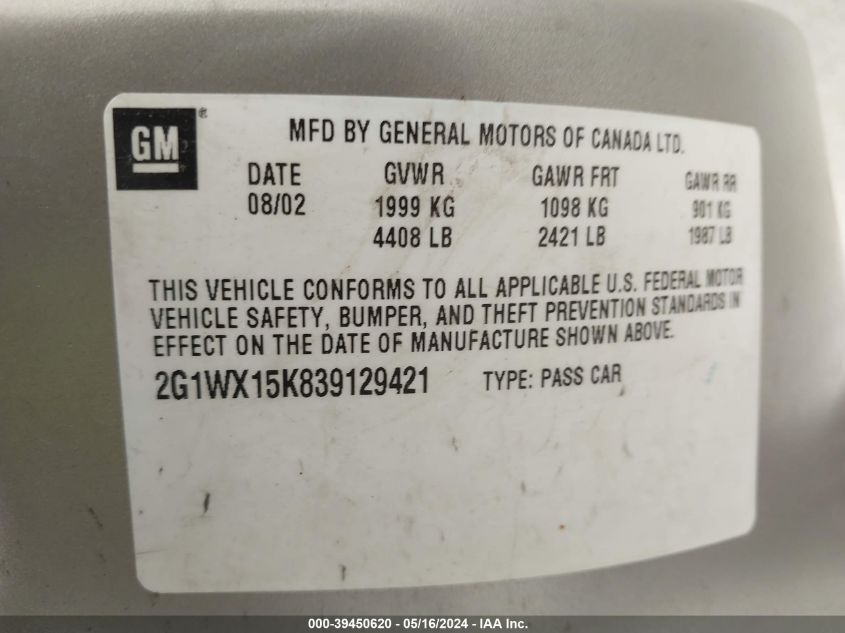 2003 Chevrolet Monte Carlo Ss VIN: 2G1WX15K839129421 Lot: 39450620