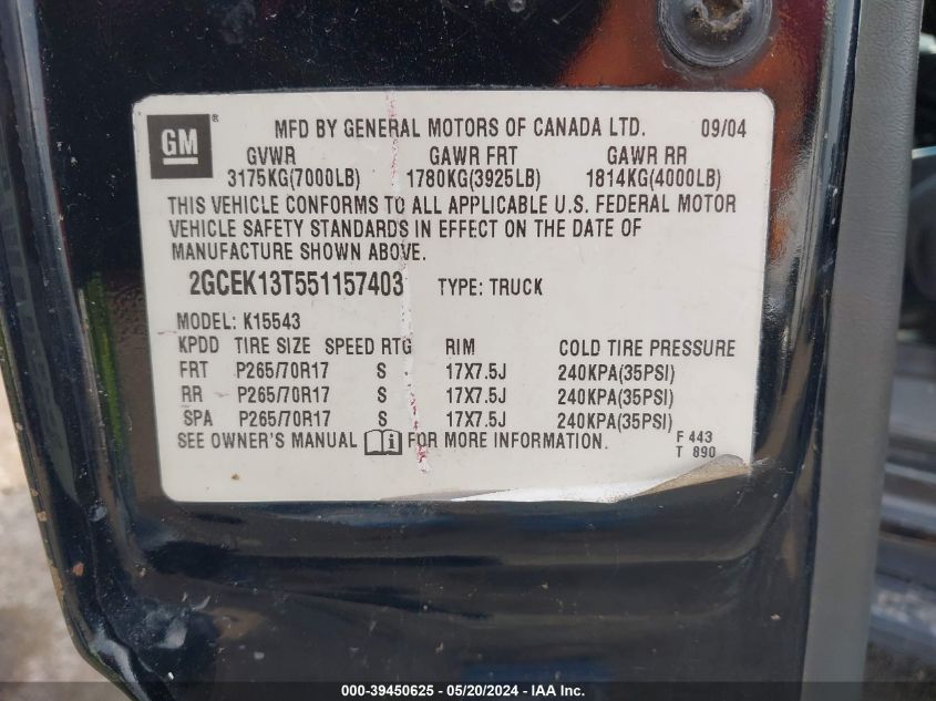 2005 Chevrolet Silverado 1500 Z71 VIN: 2GCEK13T551157403 Lot: 39450625