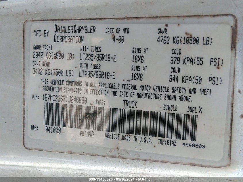 2001 Dodge Ram 3500 St VIN: 1B7MC33671J246680 Lot: 39450626