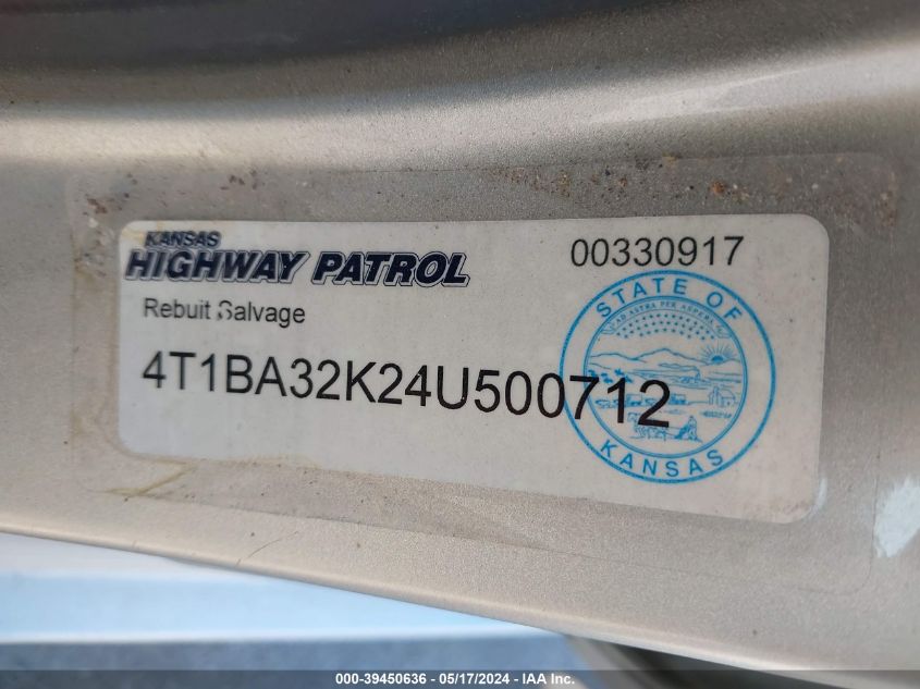 2004 Toyota Camry Se V6 VIN: 4T1BA32K24U500712 Lot: 39450636